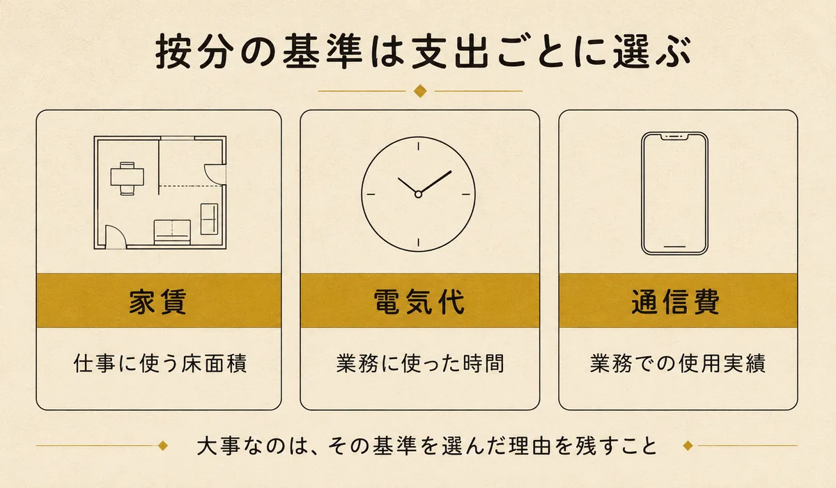 夜職・水商売の家事関連費を按分する基準の例。家賃は仕事に使う床面積、電気代は業務に使った時間、通信費は業務での使用実績で按分することを示した3列の図