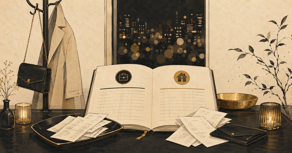 夜職・水商売の経費を仕分けるイメージ。コートスタンドとクラッチバッグ、夜景の玉ボケ、帳簿とレシートを並べた上品な静物のアイキャッチ画像